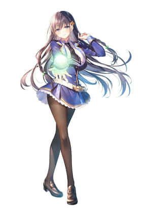 動漫女孩身穿藍色校服，長髮飄逸，手持發光球體。