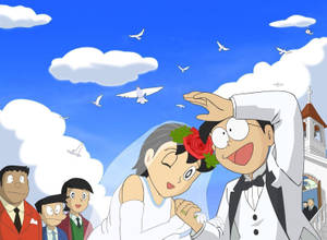 動漫情侶在教堂附近的藍天中與飛翔的白鴿慶祝婚禮。 — 日本動漫 壁紙
