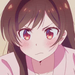 動漫少女，棕色頭髮，發光的紅色眼睛，臉紅，看著觀眾。 — 千鳥 壁紙