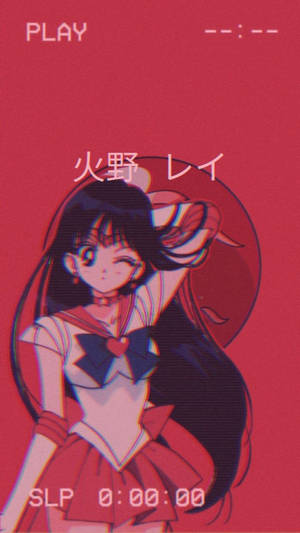 穿著水手服的動漫角色在紅色故障背景上，帶有遊戲計時器。 — 美學動漫手機 壁紙
