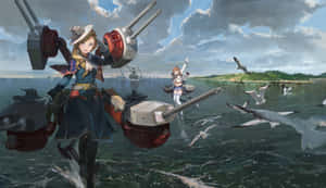 動漫少女穿著水手制服騎乘軍艦穿越波濤洶湧的海域，海鷗飛翔。 — 碧藍航線 壁紙