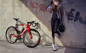 動漫自行車手靠在紅色Cervélo自行車旁，背靠塗鴉牆。 — 動畫女孩 壁紙