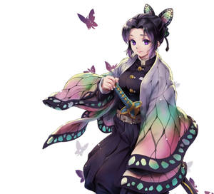 穿著蝴蝶和服的動漫少女手持劍，周圍有蝴蝶。