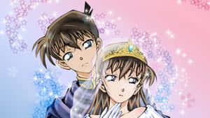 動漫新娘和新郎穿著婚禮服飾，帶有閃爍星星和花卉圖案。 — 名偵探柯南 壁紙