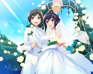 動漫新娘和新郎身穿白色婚紗禮服，站在花拱門下，花瓣飄落。 — 婚禮 壁紙