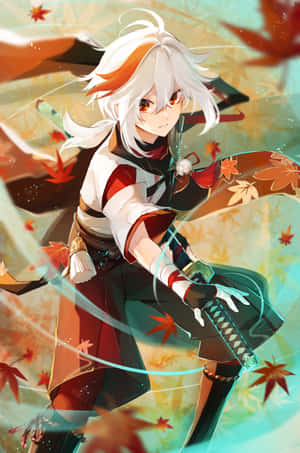動漫戰士，白色和橙色頭髮，手持發光劍，被秋葉環繞。 — 電玩遊戲 GIF 壁紙