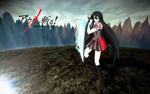 動漫角色Akame在岩石景觀中手持發光劍。 — 斬！赤紅之瞳 壁紙