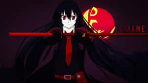 動漫角色Akame手持紅色劍，身後有紅色太陽。 — 斬！赤紅之瞳 壁紙