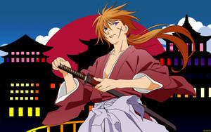 動漫武士戰士在紅日下於日本建築前持劍。 — 混沌武士 壁紙