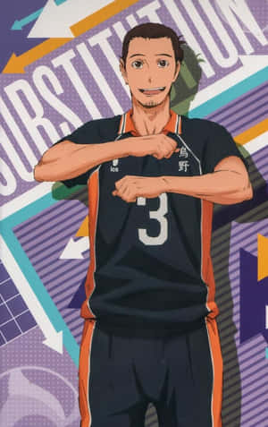 動漫男性排球運動員身穿深藍色和橙色制服，號碼3。 — 忍 壁紙