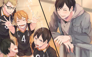 動漫排球隊慶祝，一個男孩在他們旁邊微笑。 — 2880x1800 壁紙