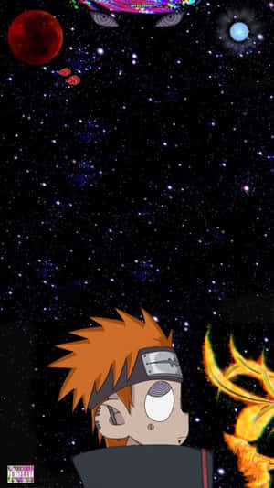 橙色頭髮的動漫角色仰望星空，有行星和火龍。 — 火影忍者 佩恩 壁紙