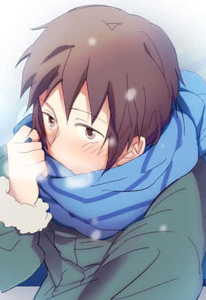 動漫男孩穿著冬季外套和藍色圍巾，在雪中看著觀眾。 — 凱羅·忍 壁紙