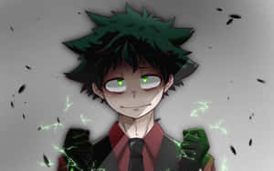 綠色頭髮、發光眼睛的動漫角色，被電火花包圍。 — 綠谷出久 壁紙