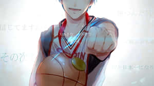 動漫男孩穿著籃球服，手持籃球並帶有發光效果，指向前方。 — 黑子的籃球 壁紙