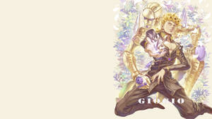 Giorno 和 Ghiaccio 以動漫風格，身穿金色盔甲和紫色點綴，置身於花卉藤蔓中。 — 長頸鹿 壁紙