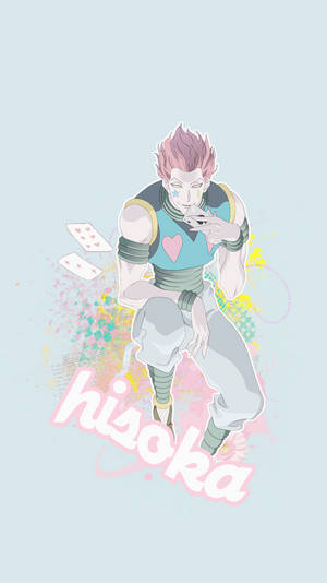 動漫角色 Hisoka 擁有粉紅色頭髮和心形主題服裝，自信地擺姿勢。 — 藍色美學電腦 壁紙
