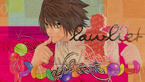 動漫角色 L Lawliet 將手指放在嘴唇上，周圍有糖果和漩渦。 — L·羅萊特 壁紙