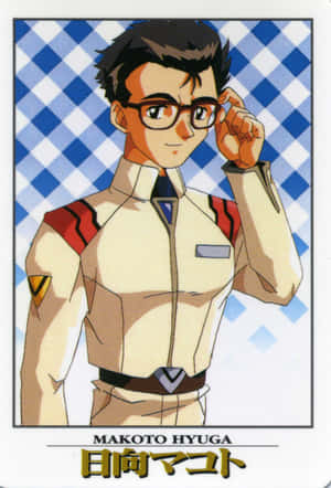 動漫角色 Makoto Hyuga 在格子背景前穿著制服調整眼鏡。 — iPad (A16) 壁紙
