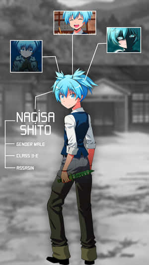 動漫刺客角色 Nagisa Shito 藍色頭髮和綠色刀在學校場景中。 — 教室 壁紙