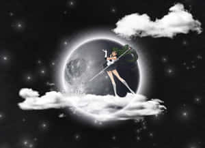 動漫戰士 Sailor Pluto 站在雲端上，手持劍，面對著一輪發光的月亮。 — 迪士尼 布魯托 壁紙
