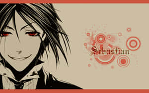 動漫角色 Sebastian 紅眼睛黑頭髮，帶紅色圓形設計微笑。 — 黑執事 壁紙