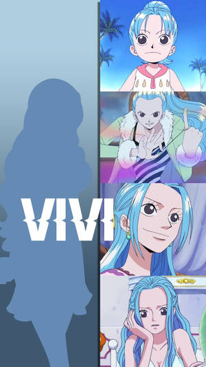動漫角色 Vivi 以四種不同姿勢呈現，背景為藍色，並帶有她的剪影和名字。 — 巧克力與香子蘭 壁紙