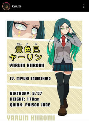 擁有青綠色頭髮和眼鏡的動漫女孩穿著校服，附有角色數值。 — 我的英雄學院 壁紙