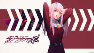 動漫女孩 Zero Two 穿著栗色外套，粉紅色頭髮和綠色眼睛，在風格化背景前擺姿勢。 — 零二 GIF 壁紙
