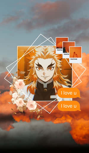 動漫角色，金髮橙色眼睛，被粉紅色花朵和幾何框架包圍。 — Lenovo Tab One 壁紙