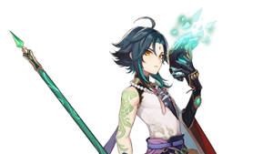 藍綠色頭髮的動漫戰士揮舞冰魔法和綠色長矛。 — 電玩遊戲 GIF 壁紙
