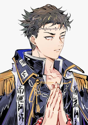 動漫男孩穿著深藍色金色鑲邊制服，表情莊嚴地握著祈禱珠。 — 悲鳴嶼行冥 壁紙