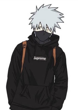 動漫男子，白髮，戴黑色口罩，身穿帶有棕色帶子的黑色Supreme連帽衫。