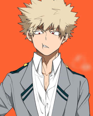 動漫男孩，金色尖刺頭髮，紅色眼睛，穿著灰色制服，背景為橙色。 — 爆豪 壁紙