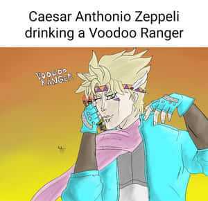 動漫角色Caesar Zeppeli在溫暖的日落背景下飲用Voodoo Ranger啤酒。 — 皇帝佐格 壁紙