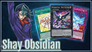 動漫角色Shay Obsidian舉起拳頭，在太空中站在三張遊戲王牌旁邊。 — 旁遮普國王 壁紙