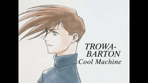 動漫角色Trowa Barton的側面，身穿藍色高領毛衣，旁邊有文字。 — 機動戰士鋼彈 壁紙