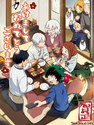 動漫角色齊聚傳統日式家居，享用新年慶祝大餐。 — 3:4 壁紙