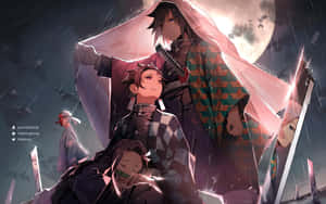 動漫戰士在滿月下雨中，手持發光劍。 — 鬼滅之刃 壁紙