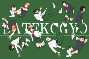 動漫團隊成員在綠色球場上以運動姿勢展示，帶有團隊名稱文字。 — 排球 壁紙