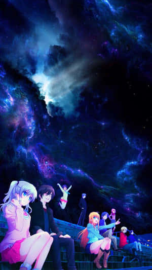 動漫群體欣賞夜空中色彩繽紛的星雲。 — 動漫 壁紙