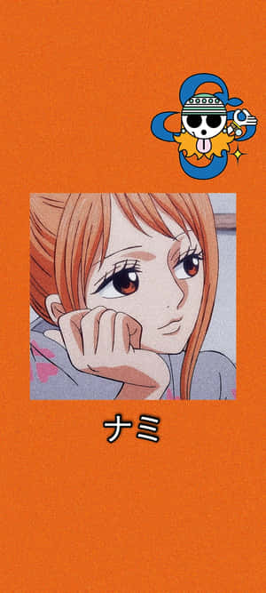 動漫女孩娜美，棕色頭髮和眼睛，將下巴擱在手上。 — Moto E14 壁紙