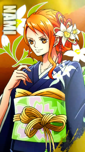 動漫女孩娜美穿著傳統日本和服，帶有花卉圖案和白色花朵。 — 動漫桌面 壁紙