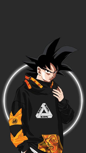 動漫戰士悟空穿著黑色連帽衫帶橙色點綴，身後有發光圓環。 — 飛段 曉 壁紙