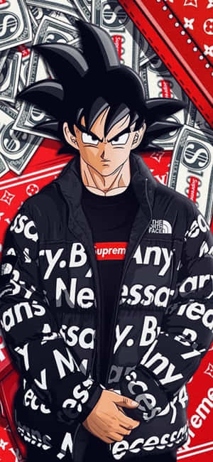悟空身穿Supreme外套，被美元鈔票和Louis Vuitton圖案包圍。 — Galaxy A08 壁紙