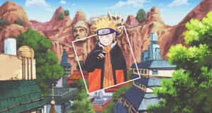 漩渦鳴人在一個背後有巨大石像的村莊裡微笑。 — 漩渦鳴人 壁紙