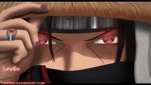 動漫忍者角色露出紅色寫輪眼，帶有紫色指甲油和戒指。