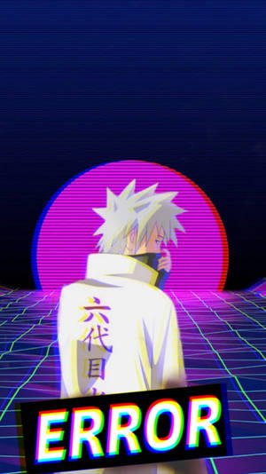 帶有錯誤文字的霓虹賽博朋克場景中的動漫角色。 — 日落 壁紙