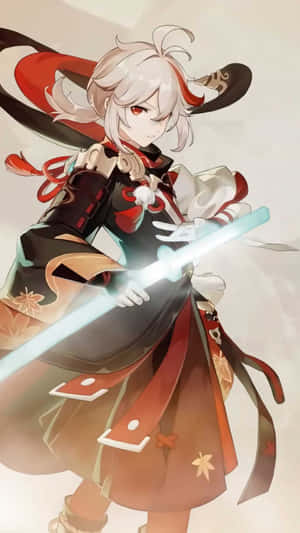 動漫戰士白髮紅眼，以動態姿勢手持發光劍。 — 原神 壁紙