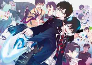 動漫男孩穿著校服，在充滿活力的動作拼貼中手持發光武器。 — 青之驅魔師 壁紙